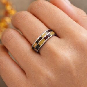 Vintage Sterling Silver Amber Inlay Band Ring, Two-Tone, Size 8.5